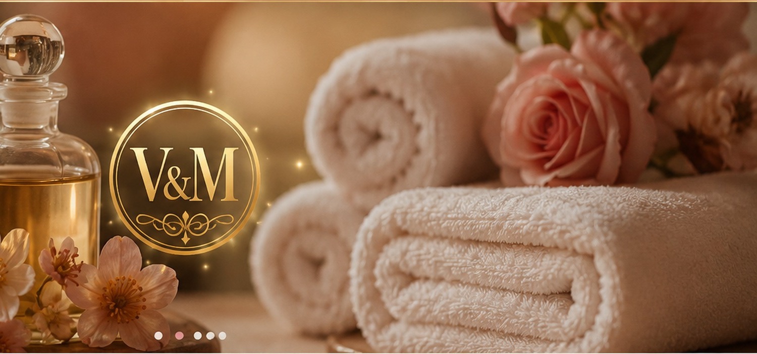 V&M spa towels, flowers, massage oil and V&M logo